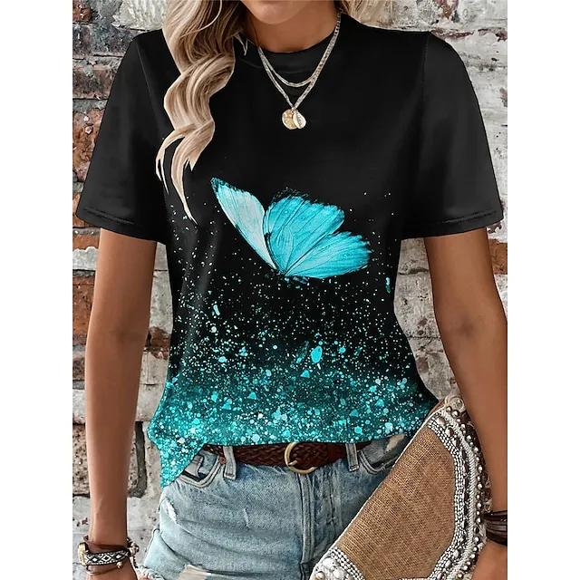 Women's T shirt Tee Butterfly Daily Weekend Blue Purple Fuchsia Print Short Sleeve Fashion Round Neck Regular Fit Summer