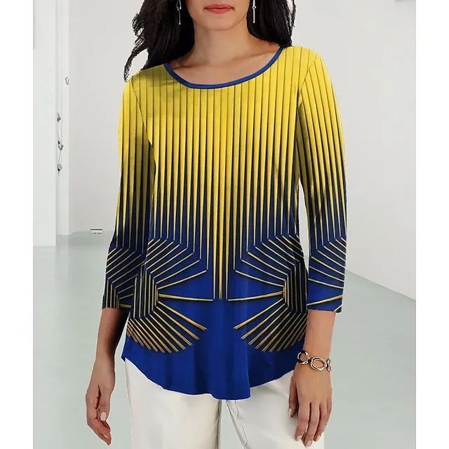 Women's T shirt Tee Striped Daily Weekend Yellow Blue Purple Print Long Sleeve Fashion Crew Neck Regular Fit Spring & Fall