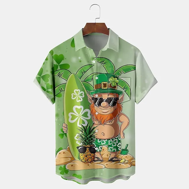 Irish St.Patrick's Day Shamrock Luck Men's Resort Hawaiian 3D Printed Shirt Button Up Short Sleeve Shirt Party Wear S TO 3XL