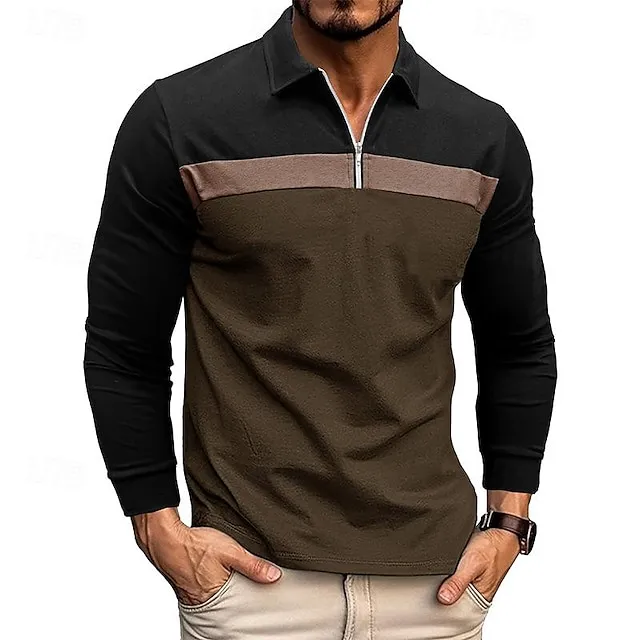 Men's Quarter Zip Polo Golf Shirt Daily Holiday Quarter Zip Long Sleeve Fashion Modern Color Block Patchwork Spring & Fall Regular Fit White Wine Royal Blue Dark Grey Army Green Gray Quarter Zip Polo