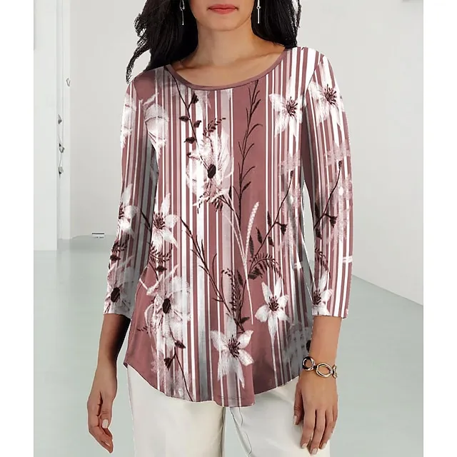 Women’s T shirt Tee Floral Casual Holiday Pink Purple Green Print Long Sleeve Fashion Crew Neck Regular Fit Spring & Fall 6b65efe7a6a166824a5fe9581342e0fc