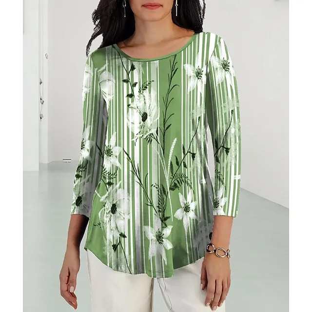 Women’s T shirt Tee Floral Casual Holiday Pink Purple Green Print Long Sleeve Fashion Crew Neck Regular Fit Spring & Fall 9554ad5ecaee5e011861cbc86b8000a3