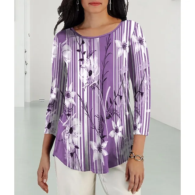 Women’s T shirt Tee Floral Casual Holiday Pink Purple Green Print Long Sleeve Fashion Crew Neck Regular Fit Spring & Fall d3e9f3284b0f56952c5c81602f3e64fc