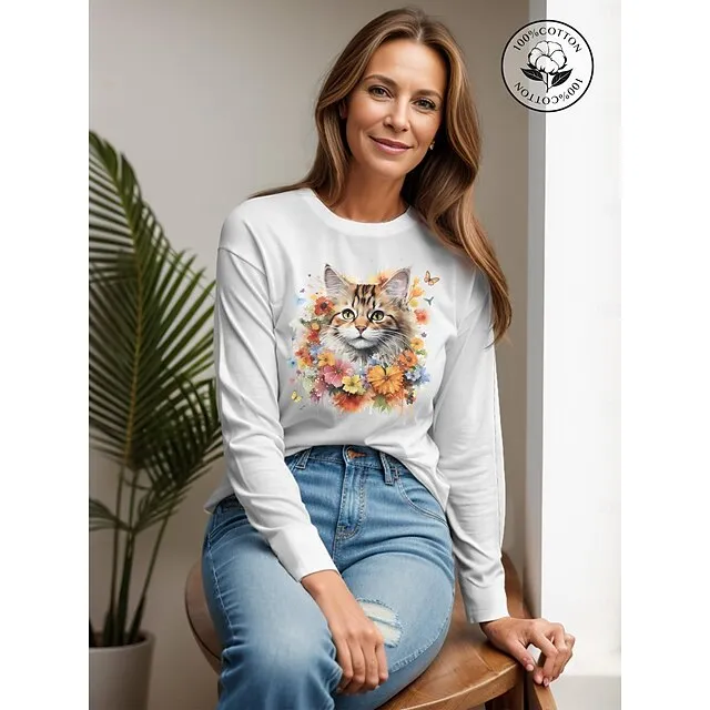 100% Cotton Cat Print T shirt Casual Daily Long Sleeve Crew Neck Women's Clothing