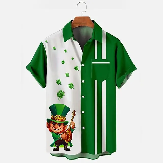 Irish St.Patrick's Day Shamrock Luck Men's Resort Hawaiian 3D Printed Shirt Button Up Short Sleeve Shirt Party Wear S TO 3XL
