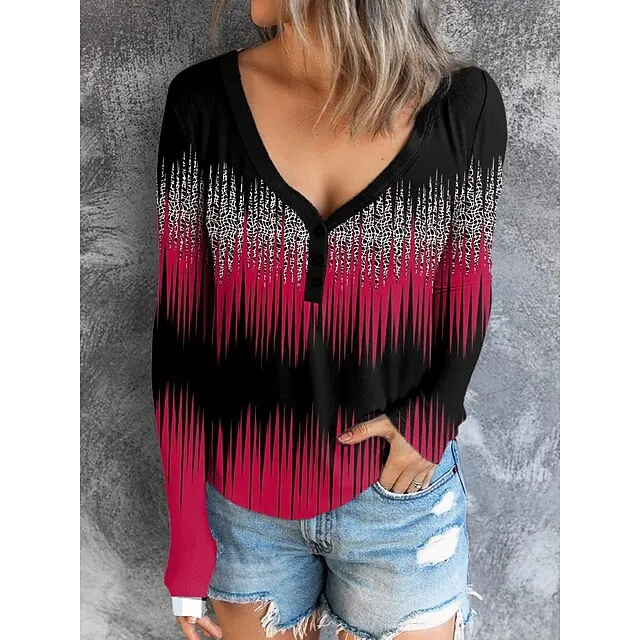 Women’s T shirt Tee Henley Shirt Color Block Daily Weekend Black Red Blue Print Button Long Sleeve Fashion V Neck Regular Fit Spring & Fall 8970bc9d359d4ef282d5893f40cb1f2c
