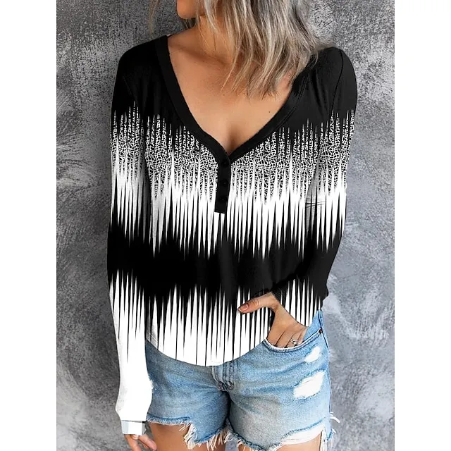 Women's T shirt Tee Henley Shirt Color Block Daily Weekend Black Red Blue Print Button Long Sleeve Fashion V Neck Regular Fit Spring & Fall