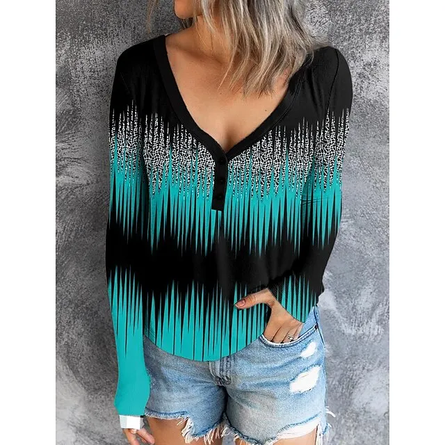 Women’s T shirt Tee Henley Shirt Color Block Daily Weekend Black Red Blue Print Button Long Sleeve Fashion V Neck Regular Fit Spring & Fall d86573d74497b4778f11bc2b70b481eb