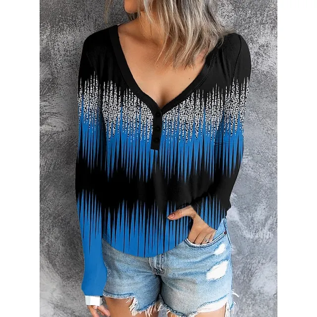 Women’s T shirt Tee Henley Shirt Color Block Daily Weekend Black Red Blue Print Button Long Sleeve Fashion V Neck Regular Fit Spring & Fall f5e80d15362b1925c467c3bf16312ce3