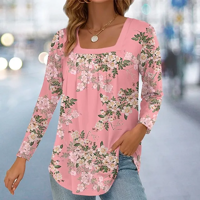 Women's T shirt Tee Floral Casual Holiday Pink Blue Purple Print Long Sleeve Fashion Square Neck Regular Fit Spring & Fall