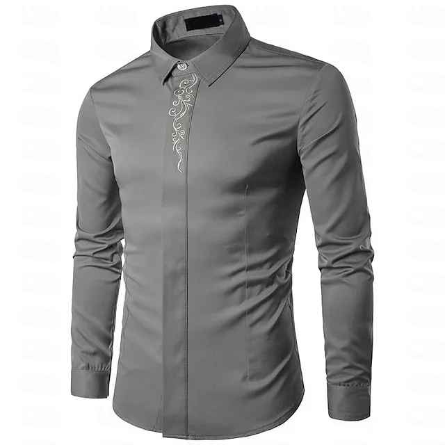 Men's Shirt Dress Shirt Button Up Shirt Light Blue Black White Long Sleeve Plain Turndown Spring & Fall Wedding Daily Clothing Apparel Embroidered