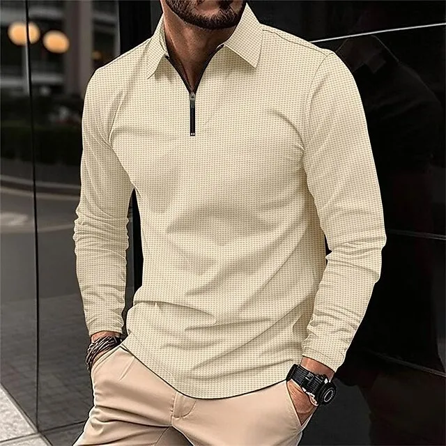 Men’s Waffle Polo Shirt Quarter Zip Polo Daily Holiday Quarter Zip Long Sleeve Fashion Modern Plain Spring & Fall Regular Fit Black White Yellow Blue Brown Green Waffle Polo Shirt 0c87fa72ff14526958a9a4fada5aeef9