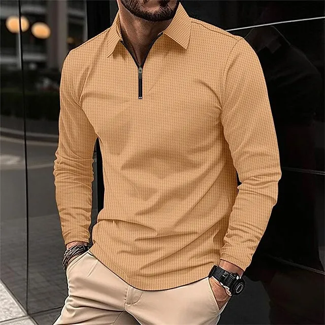 Men’s Waffle Polo Shirt Quarter Zip Polo Daily Holiday Quarter Zip Long Sleeve Fashion Modern Plain Spring & Fall Regular Fit Black White Yellow Blue Brown Green Waffle Polo Shirt aa39387c294b9c2c40fecd59d0fec9fe