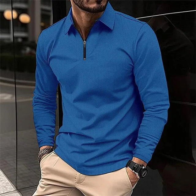 Men’s Waffle Polo Shirt Quarter Zip Polo Daily Holiday Quarter Zip Long Sleeve Fashion Modern Plain Spring & Fall Regular Fit Black White Yellow Blue Brown Green Waffle Polo Shirt b6de73b4fc658e00c684099123c3aa7e