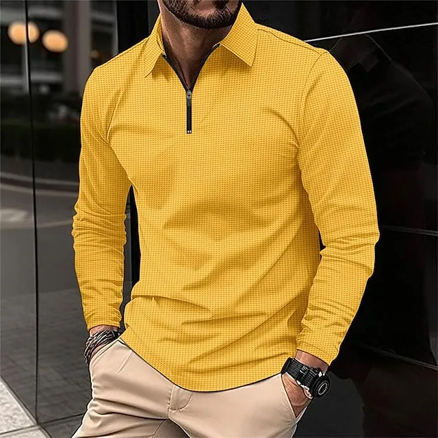 Men’s Waffle Polo Shirt Quarter Zip Polo Daily Holiday Quarter Zip Long Sleeve Fashion Modern Plain Spring & Fall Regular Fit Black White Yellow Blue Brown Green Waffle Polo Shirt cf1d7da5eaa1c428d1408ee7246d16c0