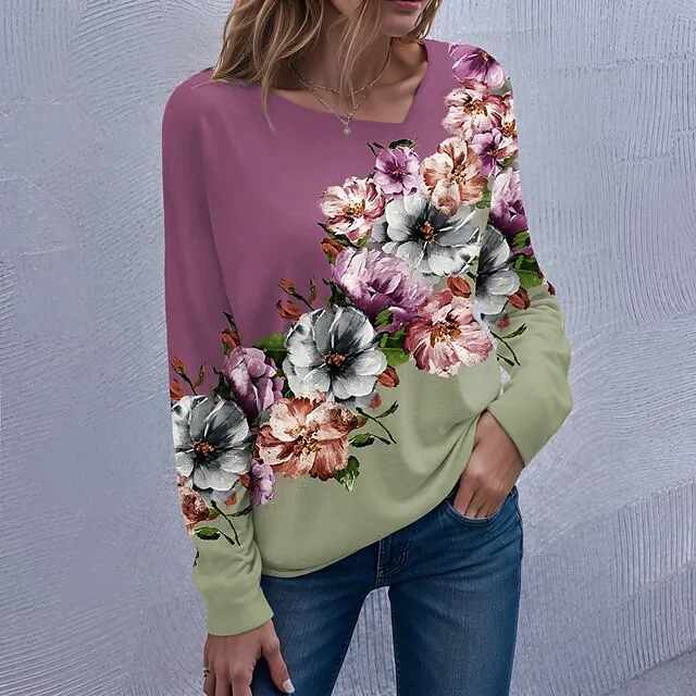 Women's T shirt Tee Floral Casual Holiday Pink Blue Purple Print Long Sleeve Fashion V Neck Regular Fit Spring & Fall