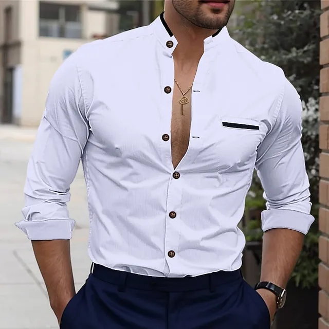 Men's Shirt Dress Shirt Button Up Shirt White Dark Blue Light Sky Blue Long Sleeve Color Block Standing Collar Spring & Fall Office & Career Wedding Party Clothing Apparel Pocket