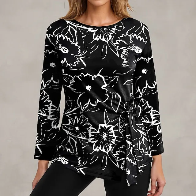 Women's T shirt Tee Floral Casual Holiday Black Print Long Sleeve Fashion Crew Neck Regular Fit Spring & Fall