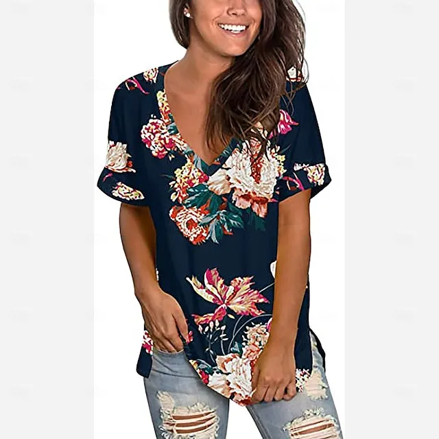 Women’s T shirt Tee Floral Casual Holiday Black White Ivory Print Short Sleeve Fashion V Neck Regular Fit Spring & Summer 5d3f351985fac606acdbebbe78d557c4