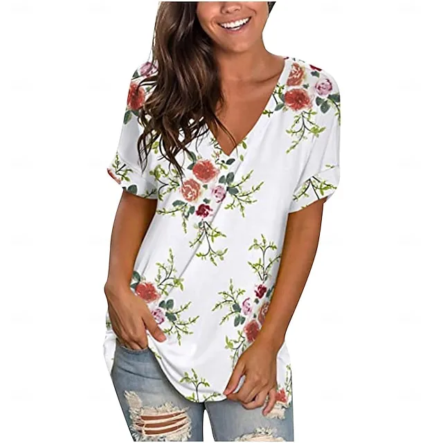 Women’s T shirt Tee Floral Casual Holiday Black White Ivory Print Short Sleeve Fashion V Neck Regular Fit Spring & Summer 5e0253facccd7321e16f34ade3f3f82c
