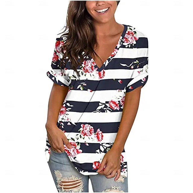 Women’s T shirt Tee Floral Casual Holiday Black White Ivory Print Short Sleeve Fashion V Neck Regular Fit Spring & Summer 84d2791775f710ebc16ad522e9ce48cc