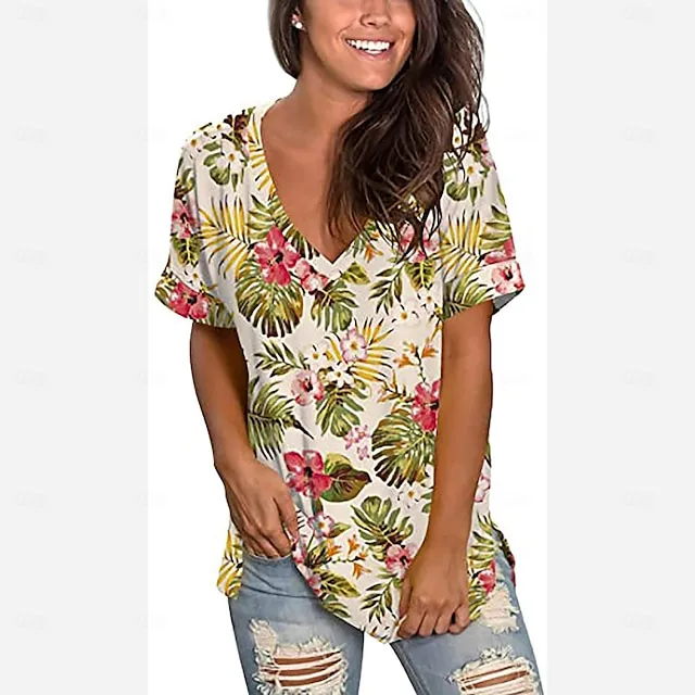 Women’s T shirt Tee Floral Casual Holiday Black White Ivory Print Short Sleeve Fashion V Neck Regular Fit Spring & Summer 9c12660f65b7383fb6a5cc82f7271c4b