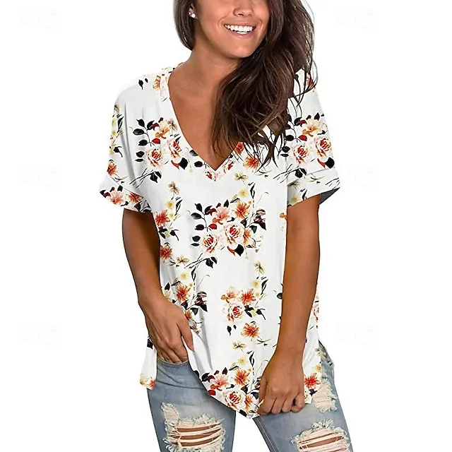 Women's T shirt Tee Floral Casual Holiday Black White Ivory Print Short Sleeve Fashion V Neck Regular Fit Spring & Summer