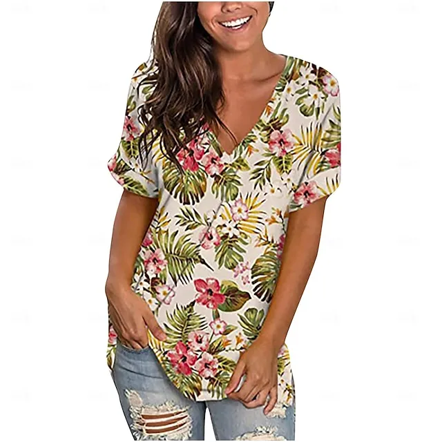Women’s T shirt Tee Floral Casual Holiday Black White Ivory Print Short Sleeve Fashion V Neck Regular Fit Spring & Summer afb9e37baaeb087264ad2fbb3d4f03f9