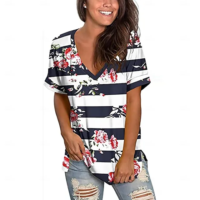 Women’s T shirt Tee Floral Casual Holiday Black White Ivory Print Short Sleeve Fashion V Neck Regular Fit Spring & Summer e7afd461176a2dce2c4f393bb1d7f77f