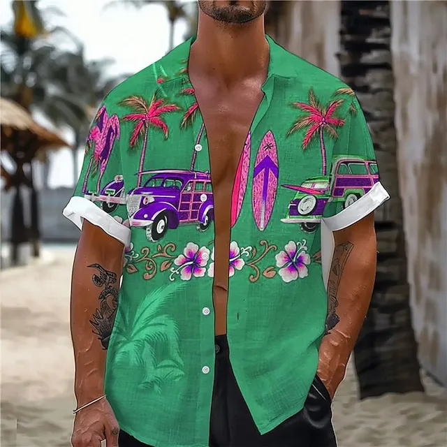 Palm Tree Bus Men’s Resort Hawaiian 3D Printed Shirt Outdoor Vacation Beach Summer Turndown Short Sleeve Blue Green S M L Shirt d5e9f45636aec7f9e923d980c28118b9