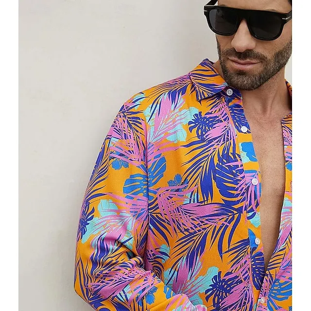 Leaf Tropical Hawaiian Fashion Casual Men's Shirt Button Up Shirt Casual Shirt Daily Hawaiian Vacation Spring & Fall Lapel Long Sleeve Purple S, M, L 100% Cotton Shirt
