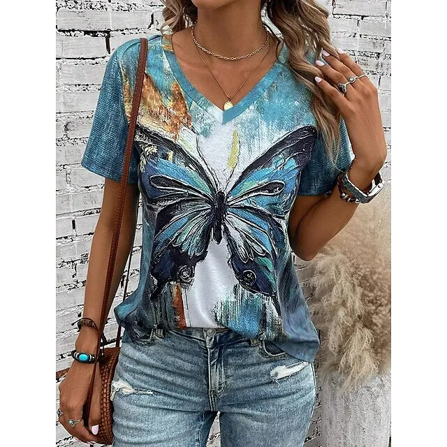 Women's T shirt Tee Butterfly Casual Daily Blue Print Short Sleeve Fashion V Neck Regular Fit Summer