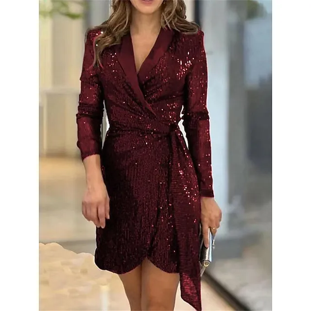 Women’s Sequin Dress Party Dress Cocktail Dress Mini Dress Black Wine Red Long Sleeve Plain Lace up Summer Spring Fall Shirt Collar Party Wedding Guest Birthday Vacation S M L XL XXL 3XL 8d95445a2765302adb815620eeb1d491