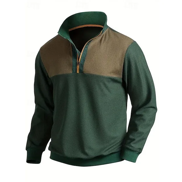 Men's Waffle Polo Shirt Quarter Zip Polo Daily Wear Vacation Lapel Long Sleeve Fashion Comfortable Color Block Patchwork Spring & Fall Regular Fit Green Waffle Polo Shirt