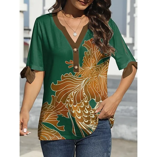 Women's T shirt Tee Henley Shirt Floral Casual Holiday Yellow Red Green Button Cut Out Print Short Sleeve Fashion V Neck Regular Fit Spring & Summer