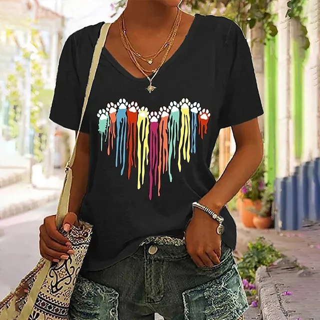 Women’s T shirt Tee Heart Casual Going out Black Wine Print Short Sleeve Fashion V Neck Regular Fit Summer 9e2c46f3fdbf80e8bb1122ce17b443e4