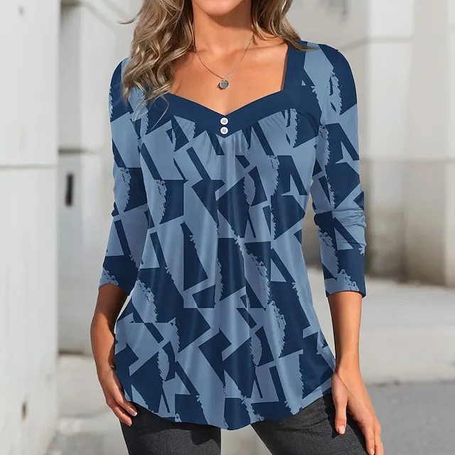 Women's T shirt Tee Geometric Casual Pink Blue Green Print Button Long Sleeve Fashion Square Neck Regular Fit Spring & Fall