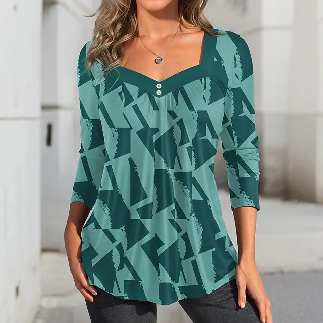 Women’s T shirt Tee Geometric Casual Pink Blue Green Print Button Long Sleeve Fashion Square Neck Regular Fit Spring & Fall e5232bde93c5d87300dff284beef92e1