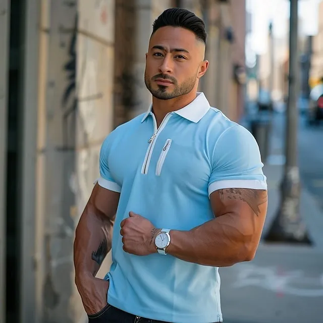 Men’s Zip Polo Golf Shirt Casual Fitness Lapel Quarter Zip Short Sleeve Fashion Muscle Solid Color Zipper Pocket Summer Spring Sky Blue Mint Green Zip Polo 48ec55fe56d519a5fbdb077cdb5ce175