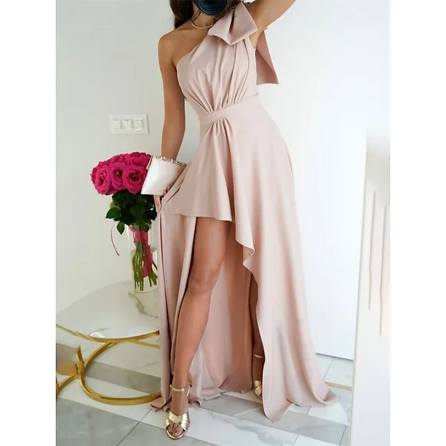 Women's Prom Dress Party Dress Wedding Guest Dress Long Dress Maxi Dress Pink Wine Red Sleeveless Plain Split Summer Spring Fall One Shoulder Elegant Wedding Guest Evening Party Vacation S M L XL