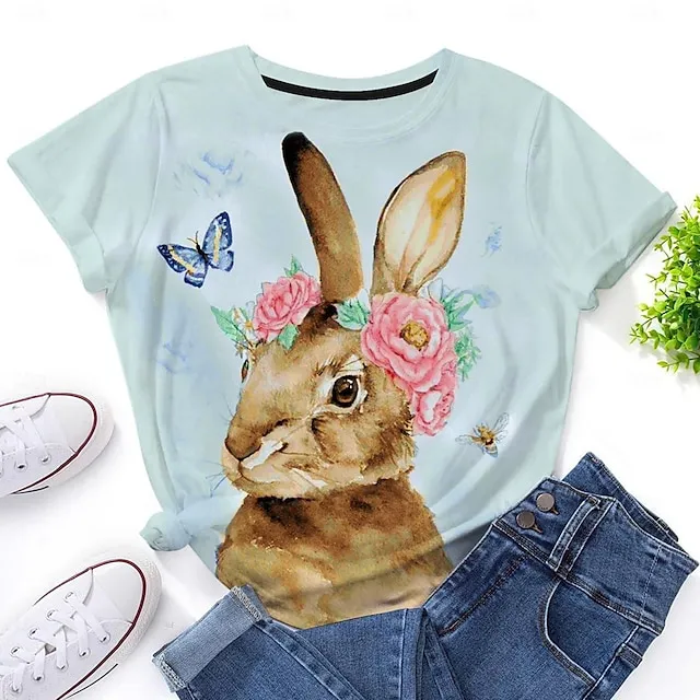 Women’s T shirt Tee Floral Animal Weekend Easter White Navy Blue Blue Print Short Sleeve Fashion Round Neck Regular Fit Summer 1b3c9039f4c4733e05a3395e7e193695