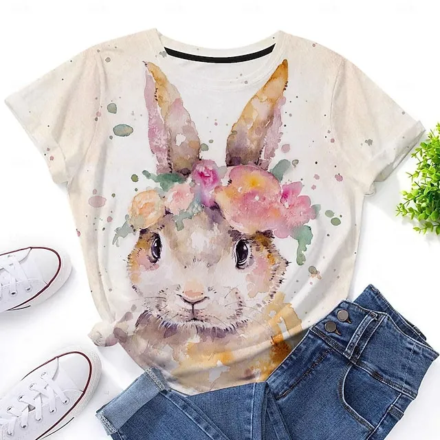 Women’s T shirt Tee Floral Animal Weekend Easter White Navy Blue Blue Print Short Sleeve Fashion Round Neck Regular Fit Summer 5d37152fa83085c8fd0e460cfbb3e49e