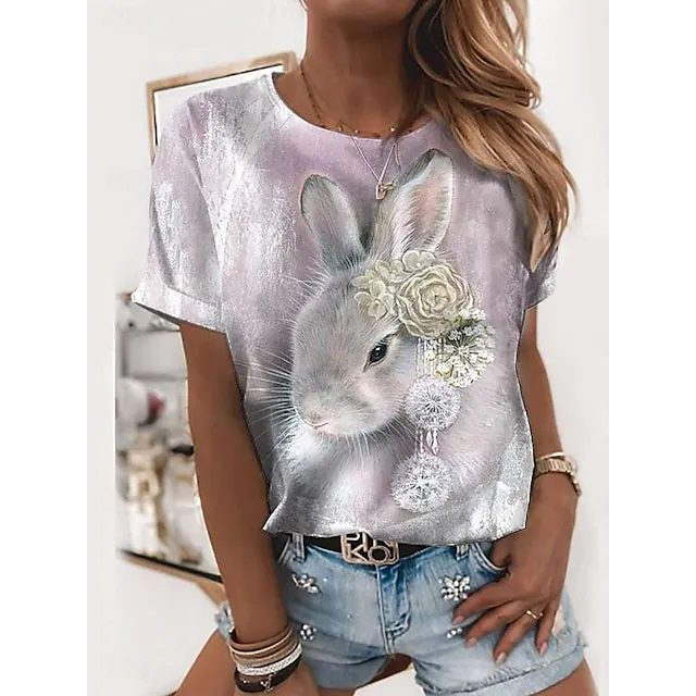 Women’s T shirt Tee Floral Animal Weekend Easter White Navy Blue Blue Print Short Sleeve Fashion Round Neck Regular Fit Summer 7f9debc7631ac7fbbbde7b1a35d1667f