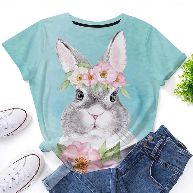 Women’s T shirt Tee Floral Animal Weekend Easter White Navy Blue Blue Print Short Sleeve Fashion Round Neck Regular Fit Summer c286f3378f8276ca12d3a13980341164