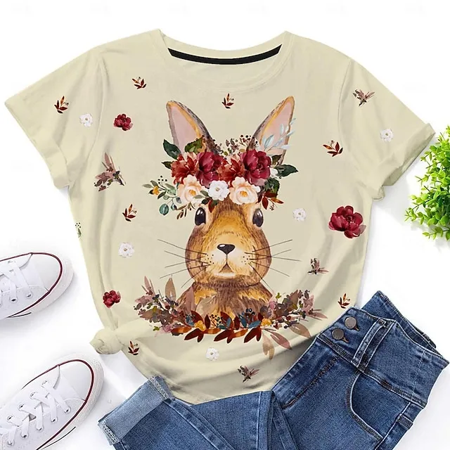 Women’s T shirt Tee Floral Animal Weekend Easter White Navy Blue Blue Print Short Sleeve Fashion Round Neck Regular Fit Summer dac199061ad0f9e806b5e82d31a623c8