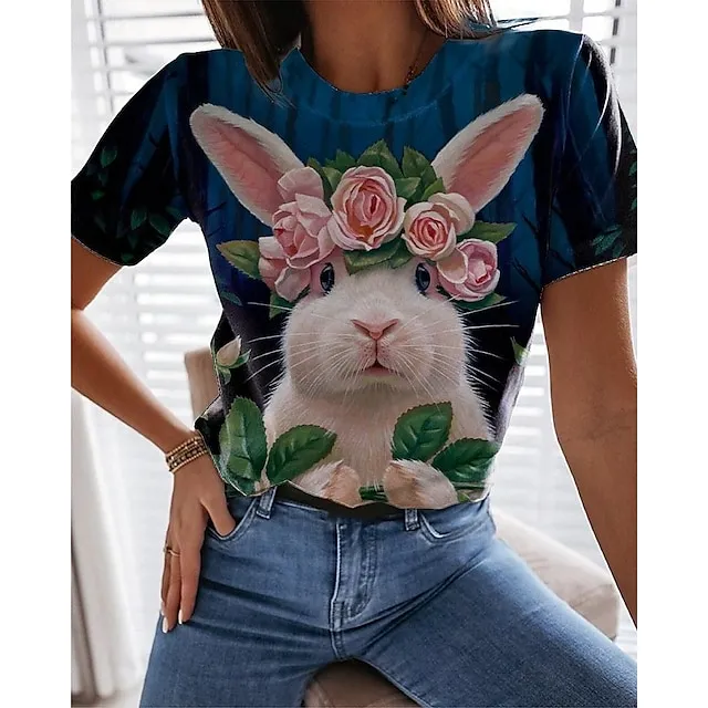 Women's T shirt Tee Floral Animal Weekend Easter White Navy Blue Blue Print Short Sleeve Fashion Round Neck Regular Fit Summer