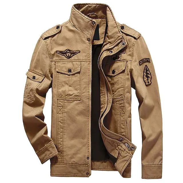 Men's Bomber Jacket Tactical Jacket Daily Weekend Winter Solid Colored Military Tactical Stand Collar Regular Cotton Black Army Green Khaki Jacket