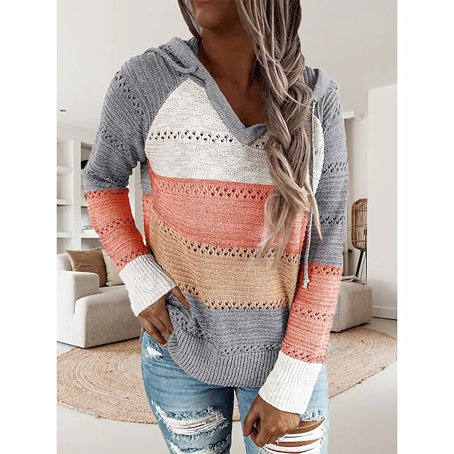 Women's Pullover Sweater Jumper Hooded Crochet Knit Thin Fall Winter Tunic Work Daily Holiday Casual Soft Long Sleeve Color Block Black Wine Blue S M L