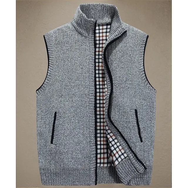 Men's Sweater Vest Cardigan Zip Sweater Sweater Jacket Fleece Sweater Knit Knitted Solid Color Stand Collar Modern Contemporary Outdoor Casual Clothing Apparel Winter Black Wine S M L