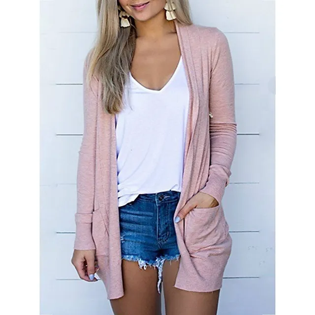 Women's Pocket Cardigan Coat Solid Color Basic Casual Soft Long Sleeve Regular Fit Cardigans Open Front Fall Spring Summer Light Pink Black Gray / Daily / Going out